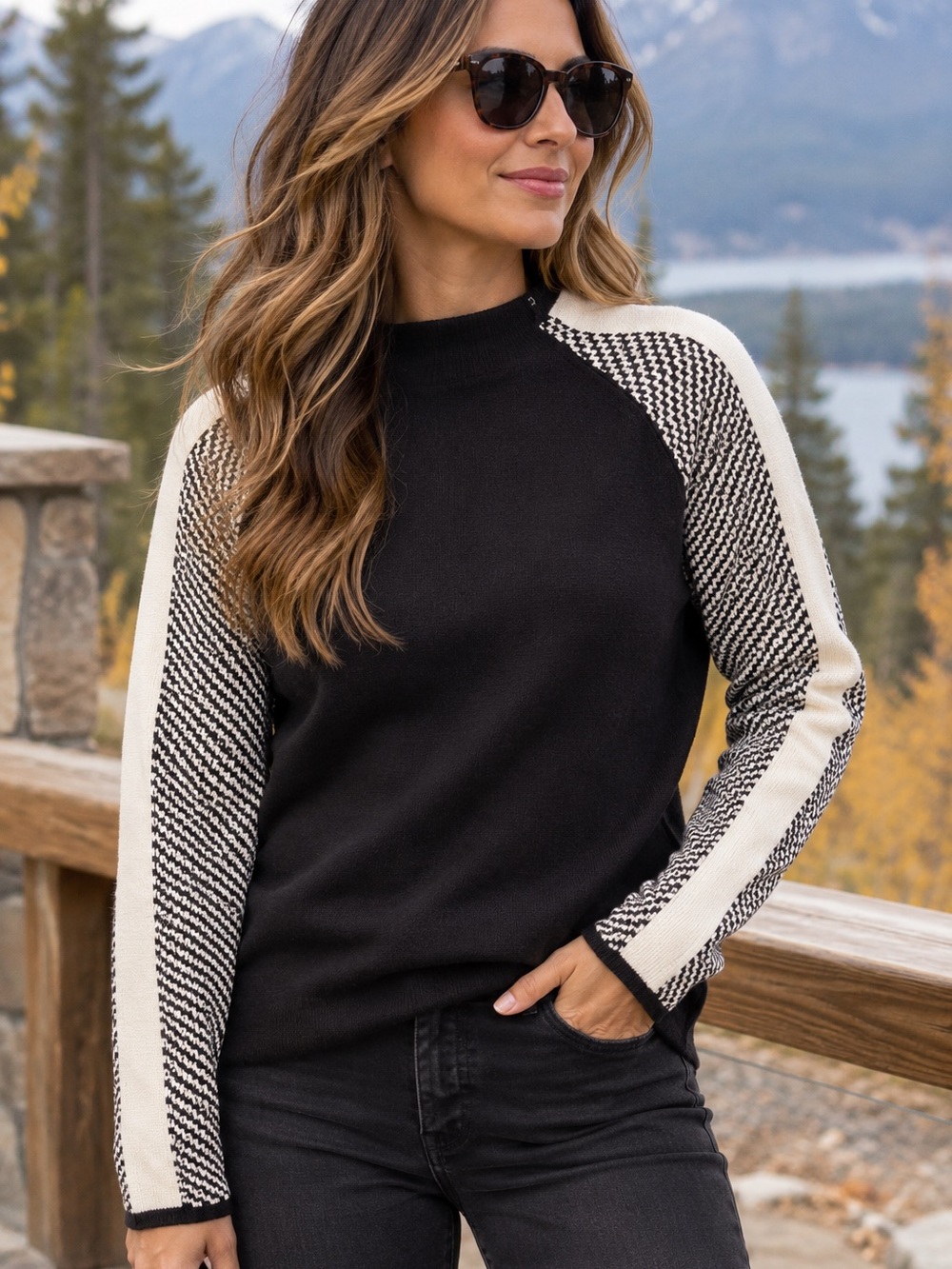 Smartwool Dacono Funnel Neck Sweater Women’s Black Cream Merino Wool